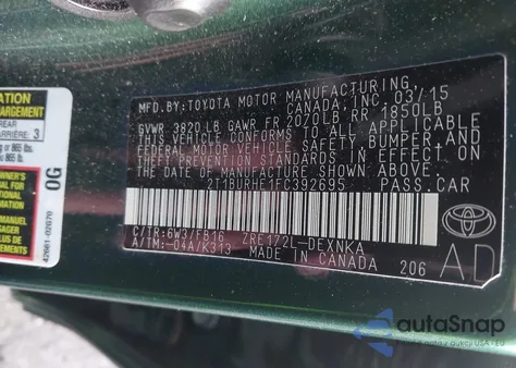 2015 Toyota Corolla Le z USA, uszkodzony, nr VIN 2T1BURHE1FC392695